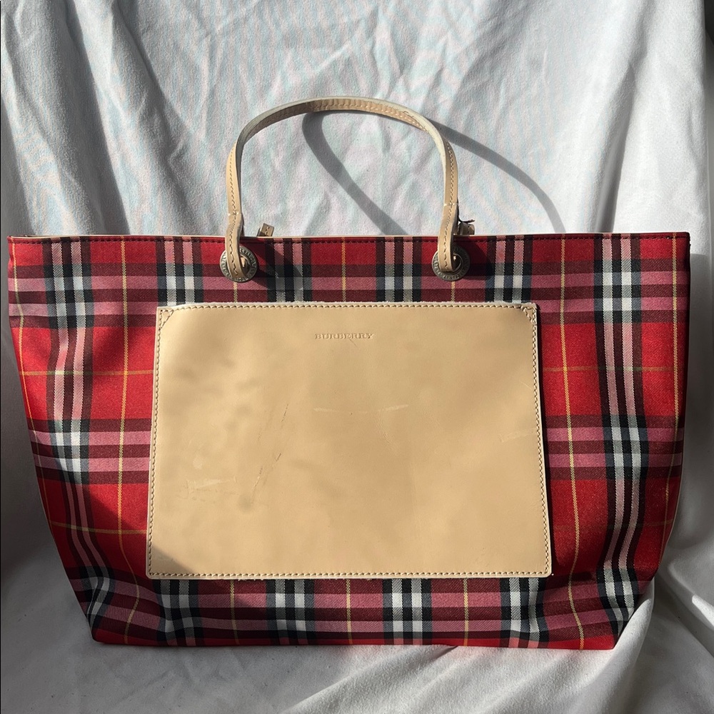 Burberry Red and Beige Plaid Tote